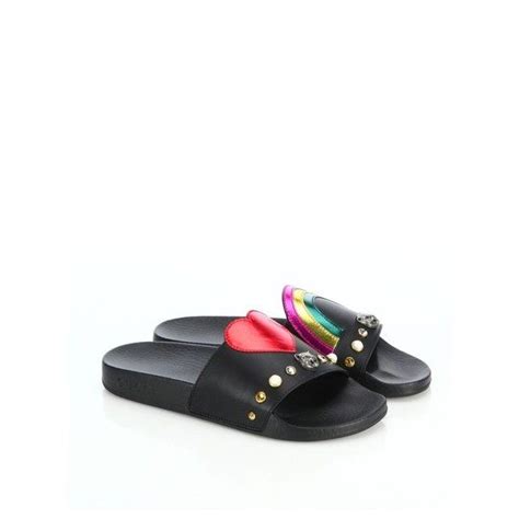 gucci pursuit heart & rainbow patch leather slides|Gucci necklace with heart pendant.